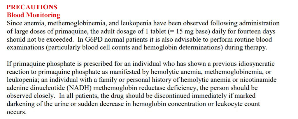 Precautions when taking primaquine